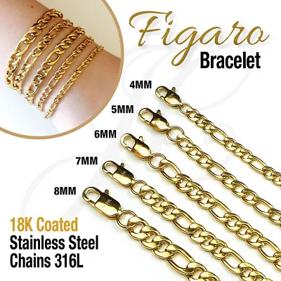 18K Gold Plated Figaro Stainless Steel 316L Bracelet Chain Men Women 6 -10.5  • $14.50