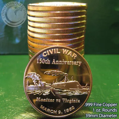 20  Monitor Vs Virginia   1oz .999 Copper Rounds Plastic Tube Civil War Series • $31.99
