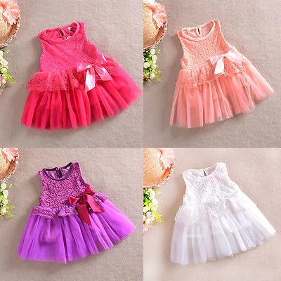 $9.86 • Buy Girls Dress Floral Print With Bow Lace Tulle TuTu Party Birthday 1-7 Years