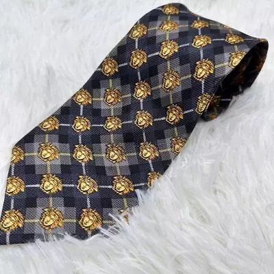 GIANNI VERSACE Rare Tie Black Dare Blue Medusa Logo Plaid Silk Italy K149 • $30