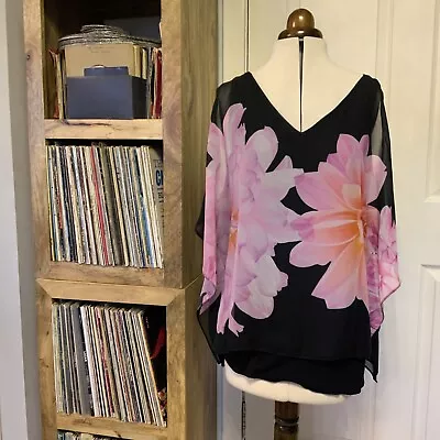 £8 • Buy Wallis M Stunning Black Huge Pink Floral Sheer Open Shoulder Floaty Kaftan Top