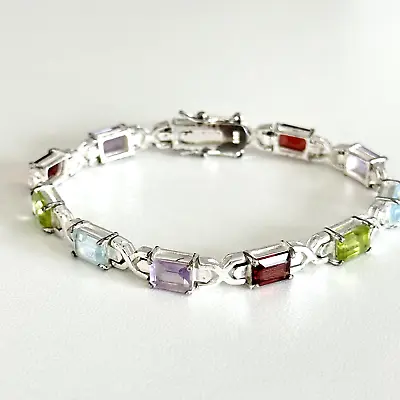 Vintage 925 Sterling Silver Multi Gemstone Emerald Cut Tennis Bracelet 6.75  • $75