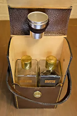 Vintage Faux Leather Bar Case Travel Set Decanters Bourbon/Scotch Shot Glasses • $34.99