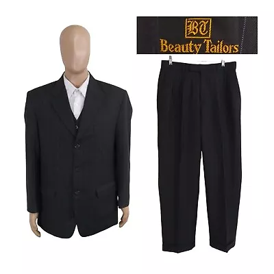 Custom Bespoke Three Piece Gray Blue Stripe Vest Slim Suit 44R Pants 33X30 • $71.99