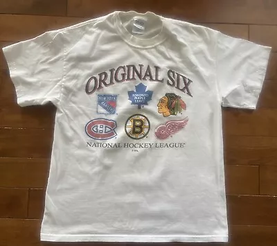 Vintage NHL Hockey T-Shirt Original Six NHL Hockey Lg White M&O Knits 1990s • $10.12