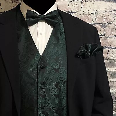 Dark Forest Green Paisley Vest Waistcoat & Bow Tie Hanky Formal Wedding Tuxedo  • $32.36