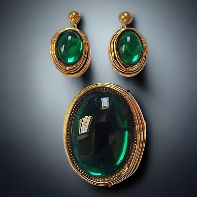 Vtg Unsigned HATTIE CARNEGIE Brooch &Earring Set ~ Emerald Green Cabochon ~... • $49.99