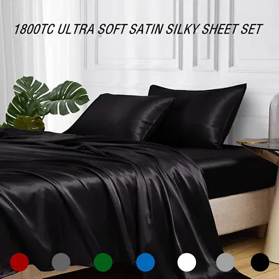 $23.45 • Buy Silk Satin 1800TC 4Pcs Sheet Set Flat Fitted Sheet&Pillowcase Double Queen King