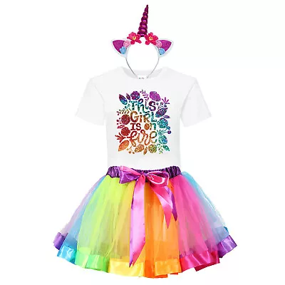 Birthday Girl T-Shirt Dress Outfits Rainbow Tutu HeadBand Party Set #TU • £13.99