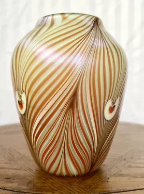 Vandermark Art Glass Pulled Feather Iridescent Signed Vase • $140