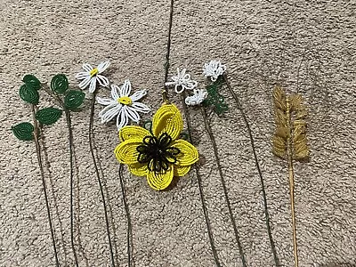 VINTAGE GLASS SEED BEAD FLOWERS Leaves Lot Of 9 STEMS BOUQUET White Yellow Daisy • $49.88