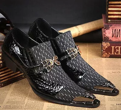 Black Men's Leather Metal Wedding Party Slip On Pointed Toe Dress Formal Shoes • $98.59