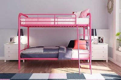 Pink Metal Twin Over Twin Bunk Beds Ladder Kids Bedroom Furniture Heavy Duty • $222.90