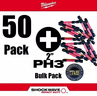 Bulk Pack 50 Milwaukee 2  Shockwave Impact Rated Phillips #3 Power Bits PH3 • $66.50
