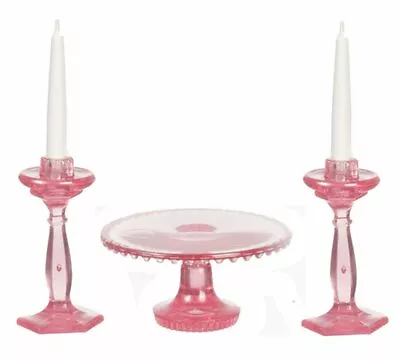  Miniature Dollhouse Chrysnbon Cake Plate W 2 Candlesticks Pink 1:12 Scale New • $6.99