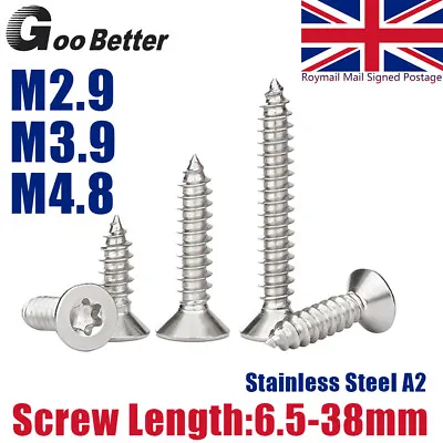 M2.9 M3.9 M4.8 Countersunk Torx Self Tapping Screws Security Stainless Steel A2 • £2