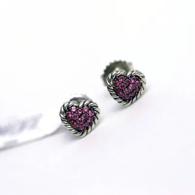 David Yurman  Heart Pave Pink Sapphire Earrings Silver Chatelaine 8mm • $475