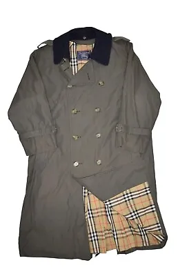 Vintage Burberry Trench Coat Men 40R Olive Wool Collar Tartan Plaid Lined Belted • $198.94