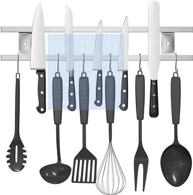 Magnetic Knife & Utensil Holder Stainless With Hooks • £15.99