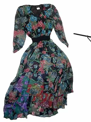 Vintage Diane Freis Multi Ruffle 100% Silk Tiered Maxi Dress • $79.99