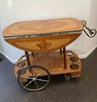 Vintage Italian Inlaid Marquetry Wood Drop Leaf Serving Bar Tea Cart • $1499.99