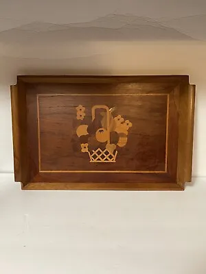 Variegated Wood Serving Tray Marquetry Fruit Basket Inlay Handles Vintage • $19.99
