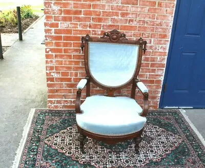 American Antique Eastlake Mahogany Wood Armchair ~ New Upholstery ~ Baby Blue ~ • $1200