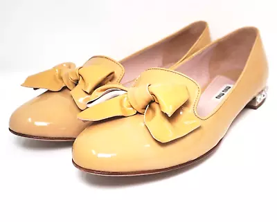 Miu Miu Women's Bow Embellished Patent Leather Flat Pumps In Yellow Size 36 Used • $249