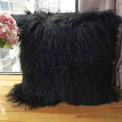 2pcs Real Mongolian Tibetan Lamb Fur Cushion Cover Seat Pillowcase Black 25x25in • $34.99