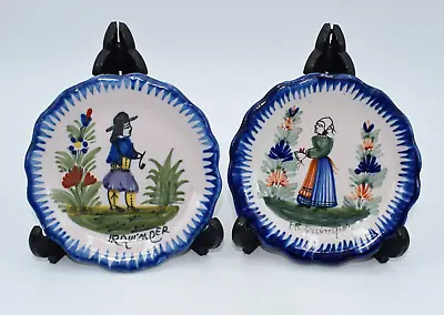 Pair Antique Hr Quimper Folk Art Jam Dishes Plates Breton Figures Lady & Man • £15