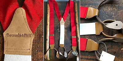 Nwt New Vtg Suspenders Red Abercrombie Cotton Faille Woven Braces Brown Leather • $32