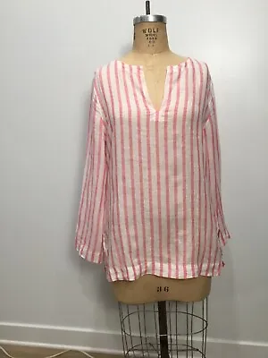 ISLAND COMPANY Linen Vertical Stripped Beach Bell Sleeve Pink/Wht L Tunic EUC • $21.98