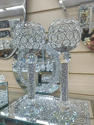 Set Of 2 Tall Silver Crystal Candle Holder Bowl Candle Lantern Votive Vase • £19.99
