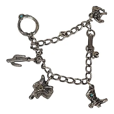 Vtg Western Charm Bracelet Silver Tone Turquois Rodeo Themed Charms Cactus Boot • $19.05