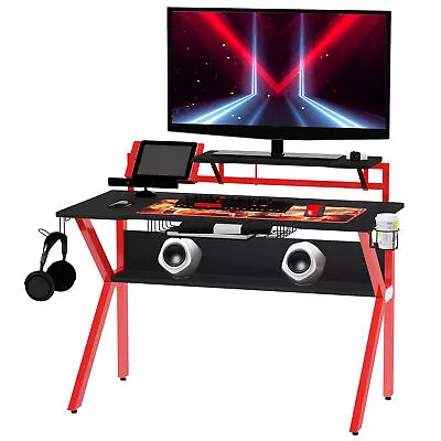 HOMCOM Gaming Desk Computer Table W/ Cup Holder Headphone Hook Basket Red • £69.99