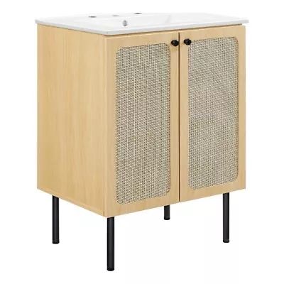 Modway Chaucer 24  Wood & Rattan Bathroom Vanity In Oak/White • $276.89