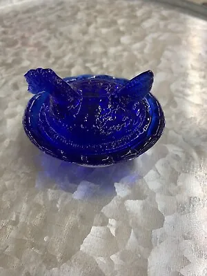 Mini Cobalt Blue Glass Hen On A Nest Basket Weave Chicken Trinket Dish T-58 • $8