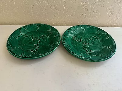 Antique Green Majolica Pottery Pair Of Plates W/ Leaf Design • $125