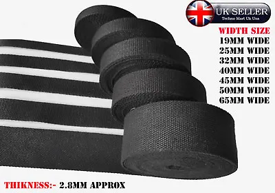 19 25 32 40 45 50 65mm Cotton Canvas Webbing Black  Belting Bag Strap Reinforced • £5.51