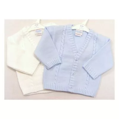 Baby Boys Cardigan Cable Design Pastel White Sky Blue Knitted V Neck 0-24 M ~abg • £11.95