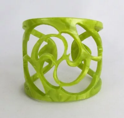 Vintage Green Marbleized Lucite Fancy Open Scrollwork Wide 2 1/4  Cuff Bracelet • $45