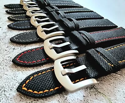 £11.95 • Buy Premium Sailcloth Watch Strap Black Leather 18mm 20mm 22mm 24mm Pins Included 