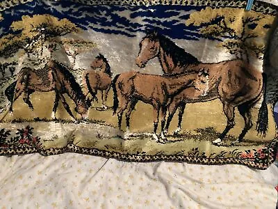Vintage Horse Print Tapestry Wall Hanging Rug 36” X 18” Silk • $16