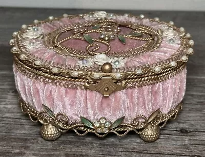 Vintage Pink & Gold Hinged Metal & Cloth Oval Trinket Jewelry Box 6  X 5  X 3  • $29.99