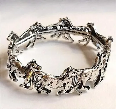 Silver Horse Charm Bracelet Country Western Cowgirl Silver Plated Stretch • $12.99