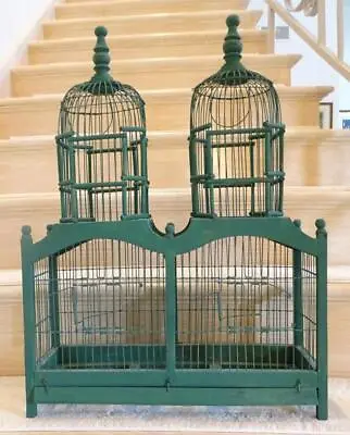 Vintage Decorative Wood & Metal 27” X 19.5” Turquoise Cathedral Bird Cage • $125