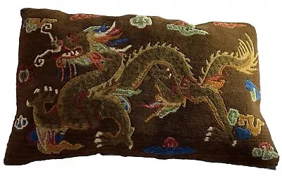 Vintage Oriental Dragon Pillow Woven Wool Short Pile Textile Home Decor • $199