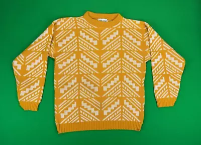 VTG 80s Galaxie Geometric Sweater Women's M/L Yellow CHECK MEASUREMENTS USA Made • £22.14