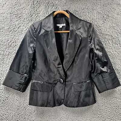 Queenspark Womens Jacket Size 8 Black Satin 3/4 Sleeve Collared • $28.95