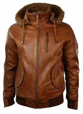 Men's Retro Brown Hooded Artificial Fur Real Goat And Faux Leather Bomber Jacket • $100.99